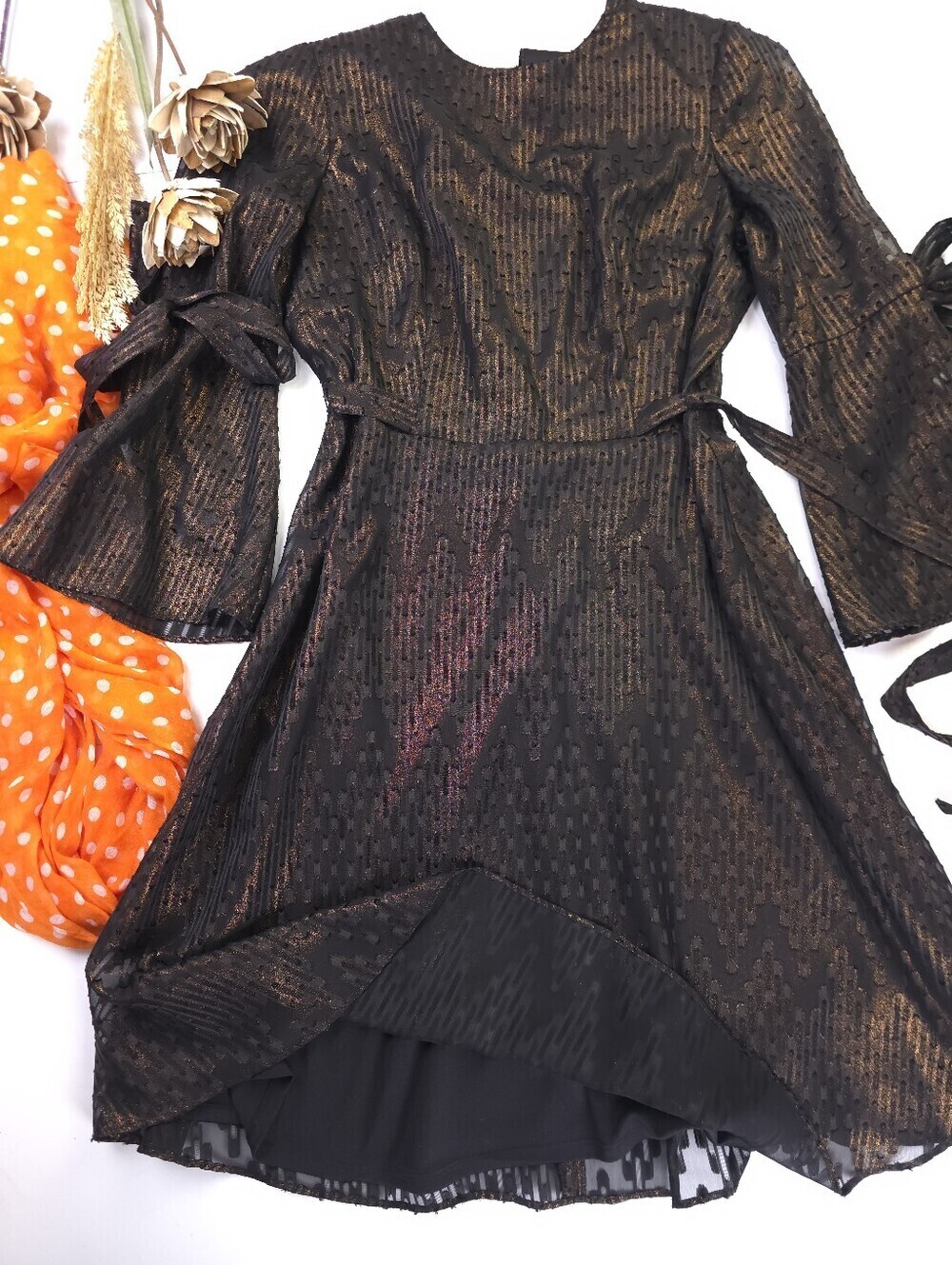 Like New Nine West Black Metallic Fit-and-Flare Dress with Tie Sleeves Sz 6